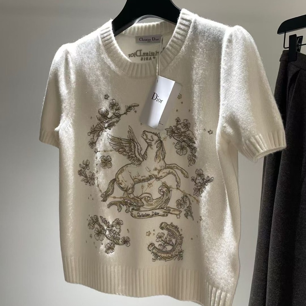Dior Cream Short-Sleeve Embroidered Pegasus Sweater